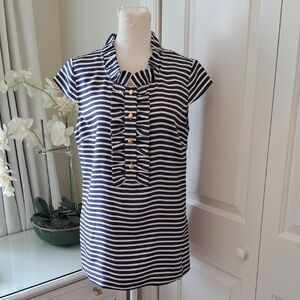 NWT Devon Baer Womens Navy/White Stripe Placket Silk Tunic Ruffle Blouse M